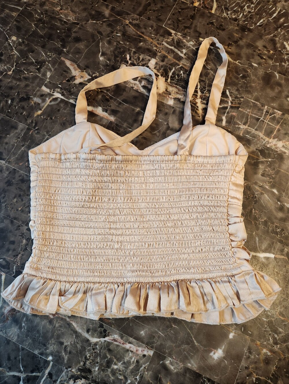 Satin Ruched Ruffle Crop Top - Cream - Picture 2 of 4